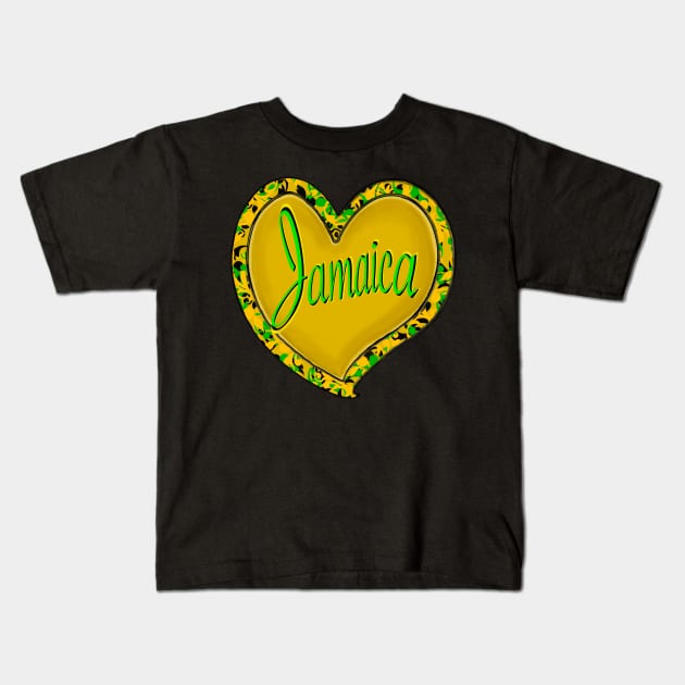 Jamaica in a heart - Jamaica in black green and gold flag colours colours inside a heart shape Kids T-Shirt by Artonmytee